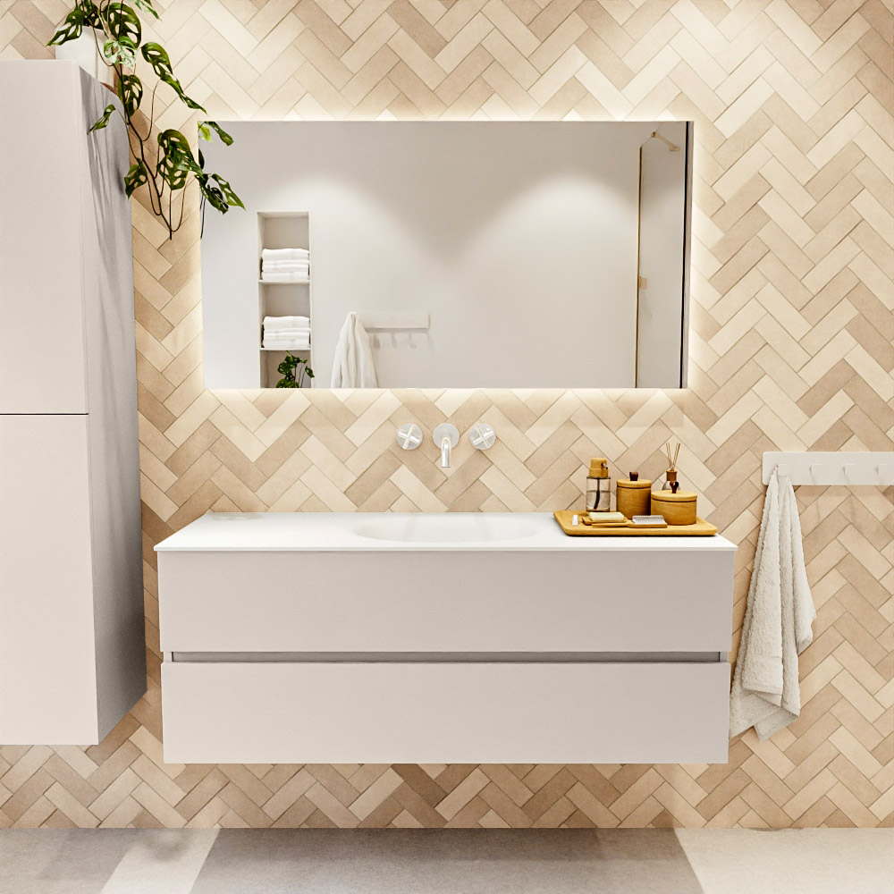 MONDIAZ VICA 130cm mueble de baño Linen 2 cajones. Lavabo MOON Centro sin orificio color Talc con espejo LED. 2 MONDIAZ VICA 130cm mueble de baño Linen 2 cajones. Lavabo MOON Centro sin orificio color Talc con espejo LED. - Imagen 2