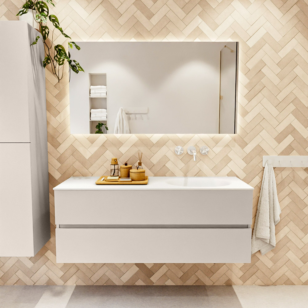 MONDIAZ VICA 130cm mueble de baño Linen 2 cajones. Lavabo MOON Derecho sin orificio color Talc con espejo LED. 2 MONDIAZ VICA 130cm mueble de baño Linen 2 cajones. Lavabo MOON Derecho sin orificio color Talc con espejo LED. - Imagen 2