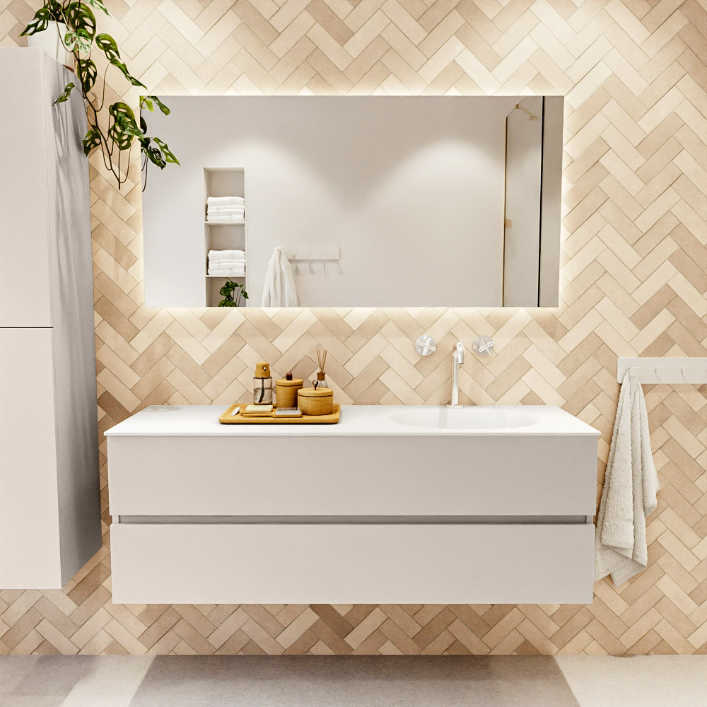 MONDIAZ VICA 140cm mueble de baño Linen 2 cajones. Lavabo MOON Derecho 1 orificio color Talc con espejo LED. 2 MONDIAZ VICA 140cm mueble de baño Linen 2 cajones. Lavabo MOON Derecho 1 orificio color Talc con espejo LED. - Imagen 2