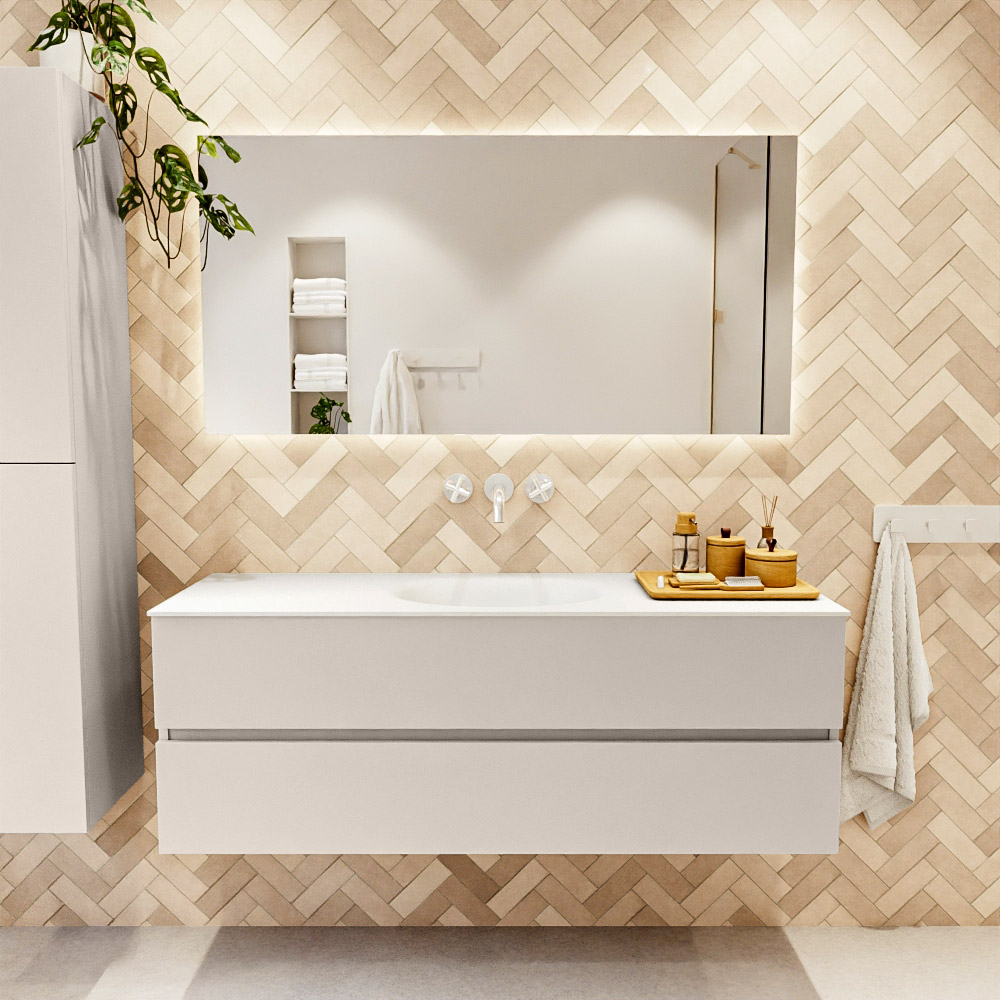 MONDIAZ VICA 140cm mueble de baño Linen 2 cajones. Lavabo MOON Centro sin orificio color Talc con espejo LED. 2 MONDIAZ VICA 140cm mueble de baño Linen 2 cajones. Lavabo MOON Centro sin orificio color Talc con espejo LED. - Imagen 2