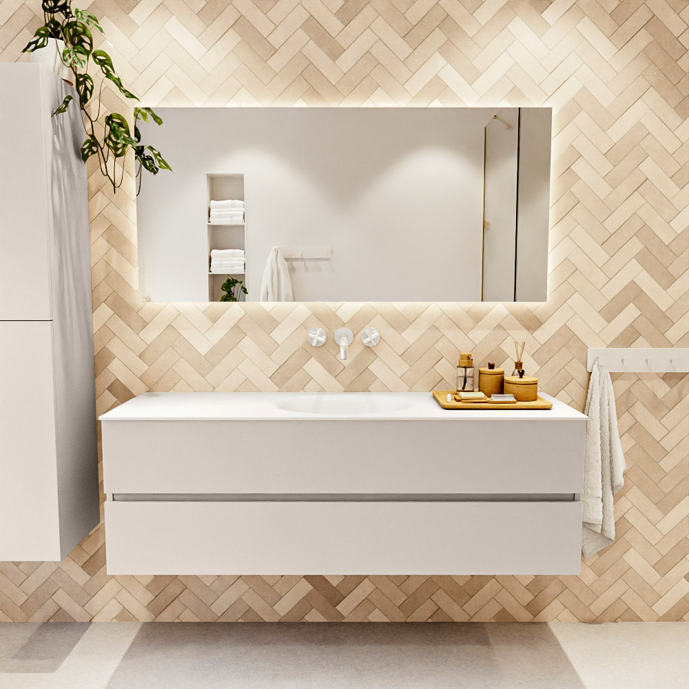 MONDIAZ VICA 150cm mueble de baño Linen 2 cajones. Lavabo MOON Centro sin orificio color Talc con espejo LED. 2 MONDIAZ VICA 150cm mueble de baño Linen 2 cajones. Lavabo MOON Centro sin orificio color Talc con espejo LED. - Imagen 2