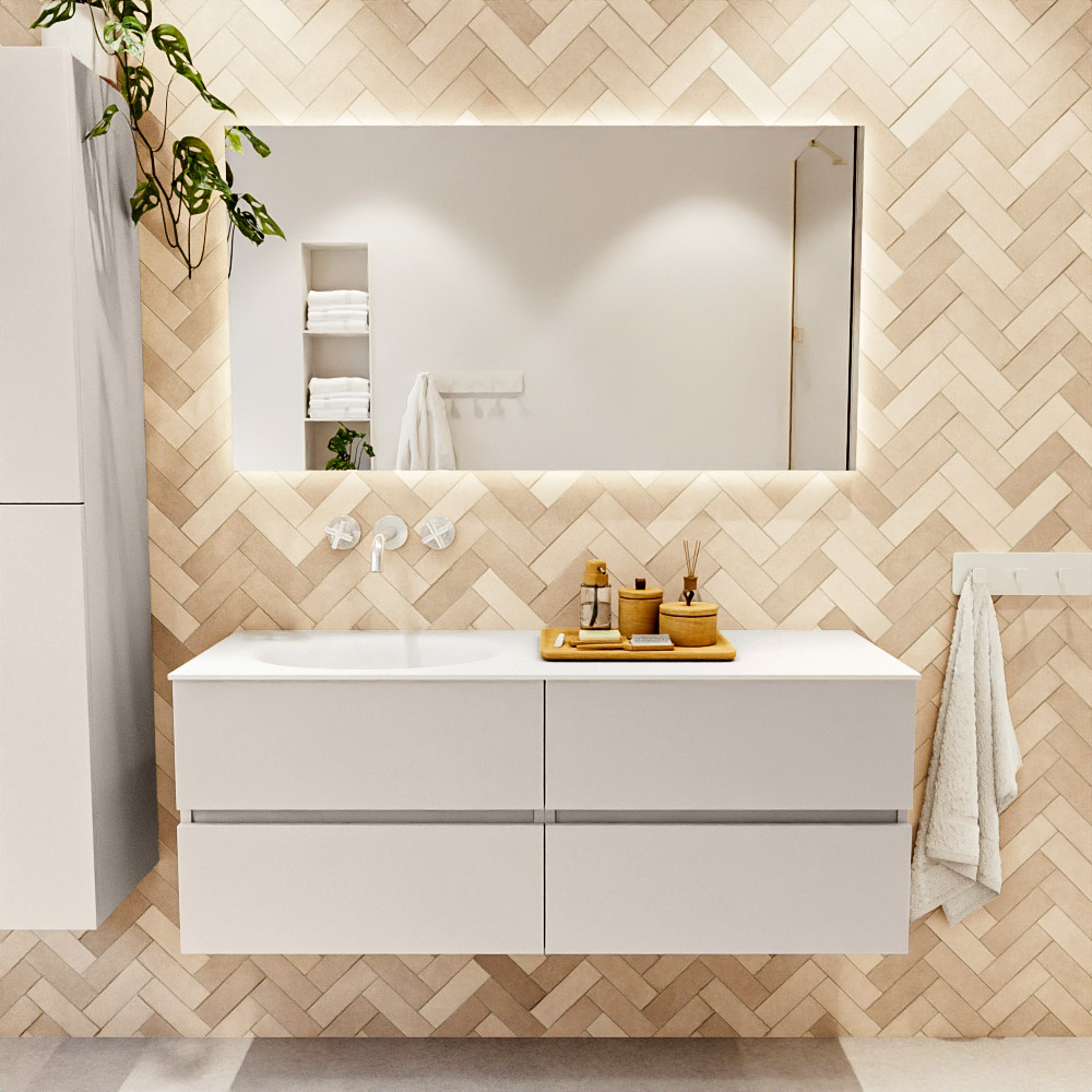 MONDIAZ VICA 130cm mueble de baño Linen 4 cajones. Lavabo MOON Izquierda sin orificio color Talc con espejo LED. 2 MONDIAZ VICA 130cm mueble de baño Linen 4 cajones. Lavabo MOON Izquierda sin orificio color Talc con espejo LED. - Imagen 2