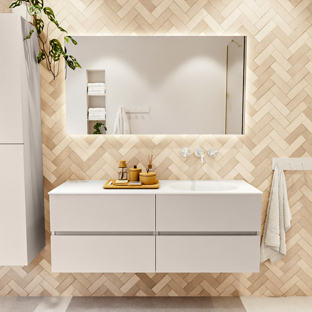 MONDIAZ VICA 130cm mueble de baño Linen 4 cajones. Lavabo MOON Derecho sin orificio color Talc con espejo LED. 2 MONDIAZ VICA 130cm mueble de baño Linen 4 cajones. Lavabo MOON Derecho sin orificio color Talc con espejo LED. - Imagen 2
