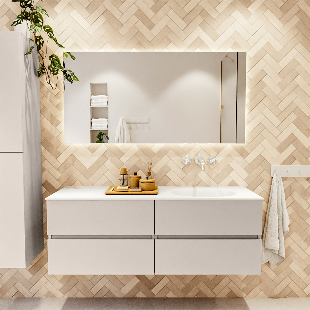 MONDIAZ VICA 140cm mueble de baño Linen 4 cajones. Lavabo MOON Derecho sin orificio color Talc con espejo LED. 2 MONDIAZ VICA 140cm mueble de baño Linen 4 cajones. Lavabo MOON Derecho sin orificio color Talc con espejo LED. - Imagen 2