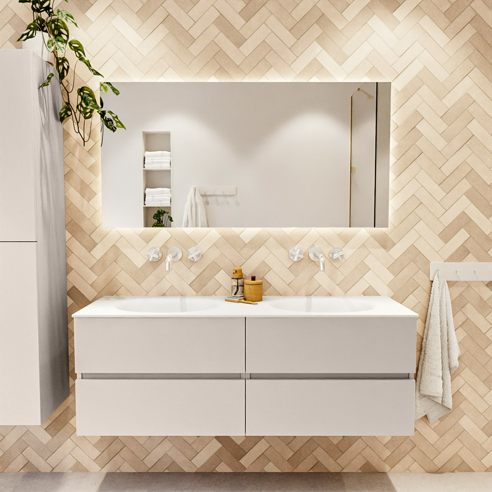 MONDIAZ VICA 140cm mueble de baño Linen 4 cajones. Lavabo MOON Doble sin orificio color Talc con espejo LED. 2 MONDIAZ VICA 140cm mueble de baño Linen 4 cajones. Lavabo MOON Doble sin orificio color Talc con espejo LED. - Imagen 2
