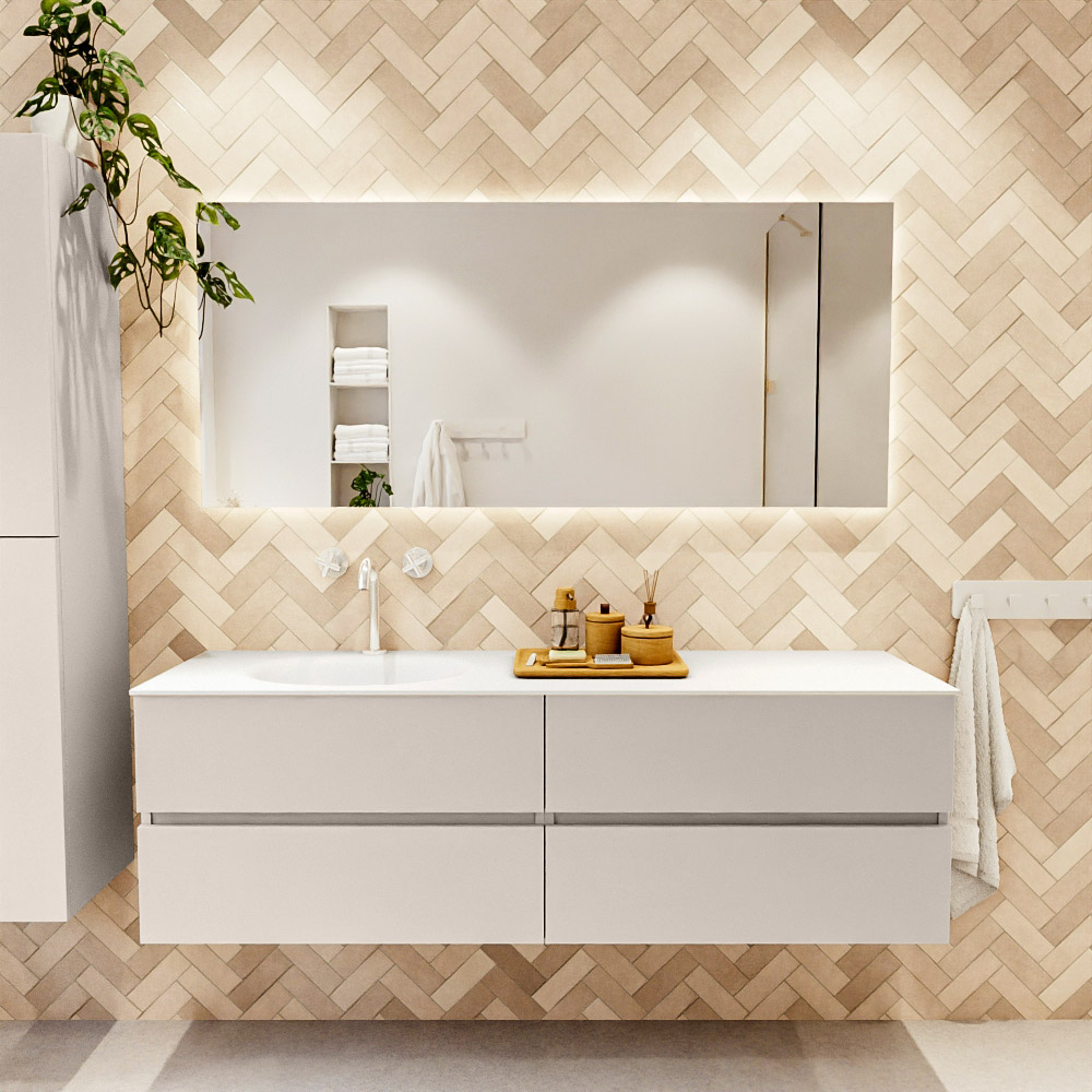 MONDIAZ VICA 160cm mueble de baño Linen 4 cajones. Lavabo MOON Izquierda 1 orificio color Talc con espejo LED. 2 MONDIAZ VICA 160cm mueble de baño Linen 4 cajones. Lavabo MOON Izquierda 1 orificio color Talc con espejo LED. - Imagen 2