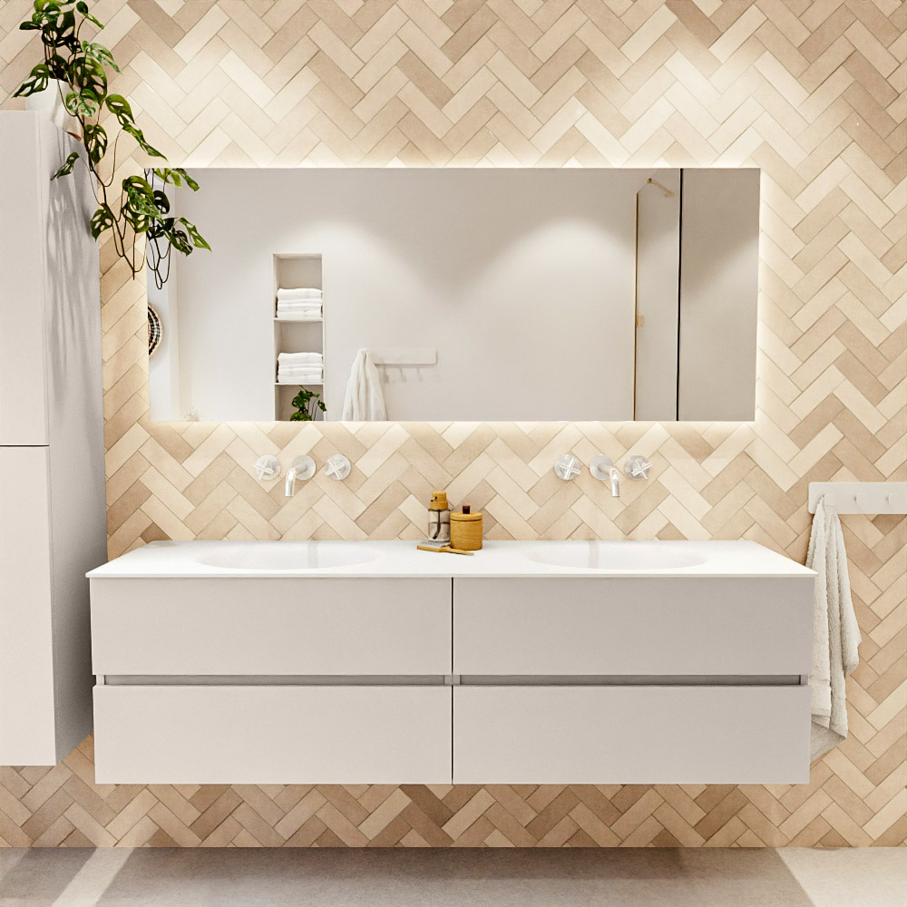 MONDIAZ VICA 170cm mueble de baño Linen 4 cajones. Lavabo MOON Doble sin orificio color Talc con espejo LED. 2 MONDIAZ VICA 170cm mueble de baño Linen 4 cajones. Lavabo MOON Doble sin orificio color Talc con espejo LED. - Imagen 2