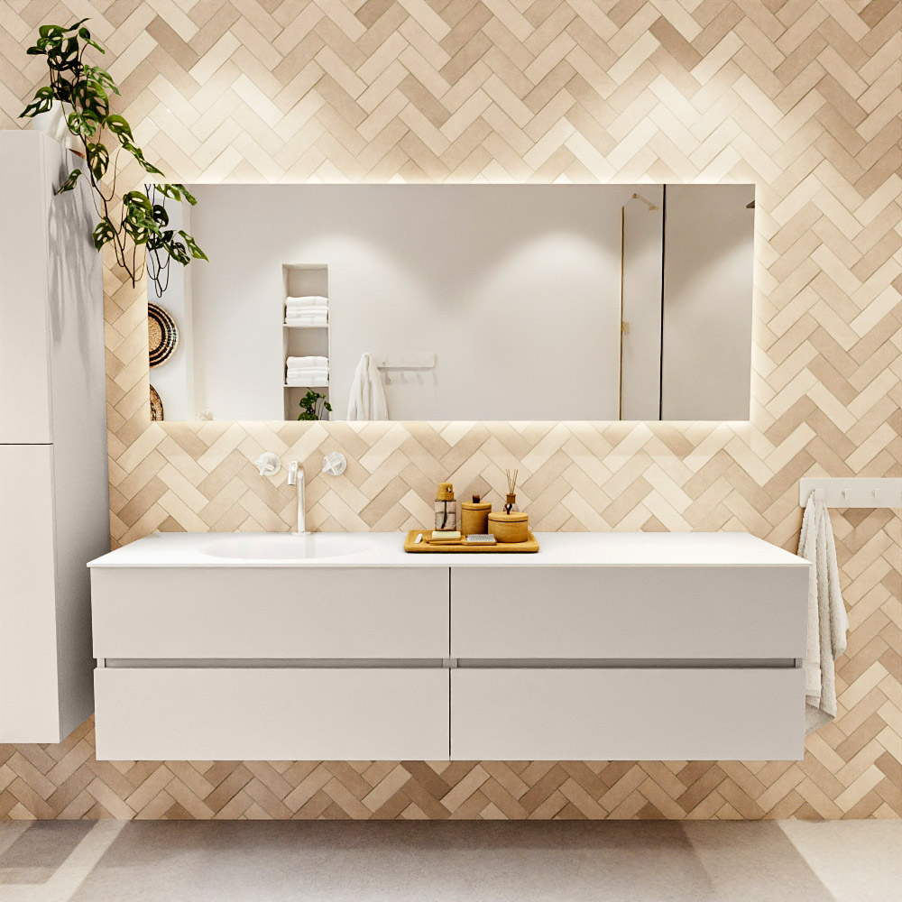 MONDIAZ VICA 180cm mueble de baño Linen 4 cajones. Lavabo MOON Izquierda 1 orificio color Talc con espejo LED. 2 MONDIAZ VICA 180cm mueble de baño Linen 4 cajones. Lavabo MOON Izquierda 1 orificio color Talc con espejo LED. - Imagen 2
