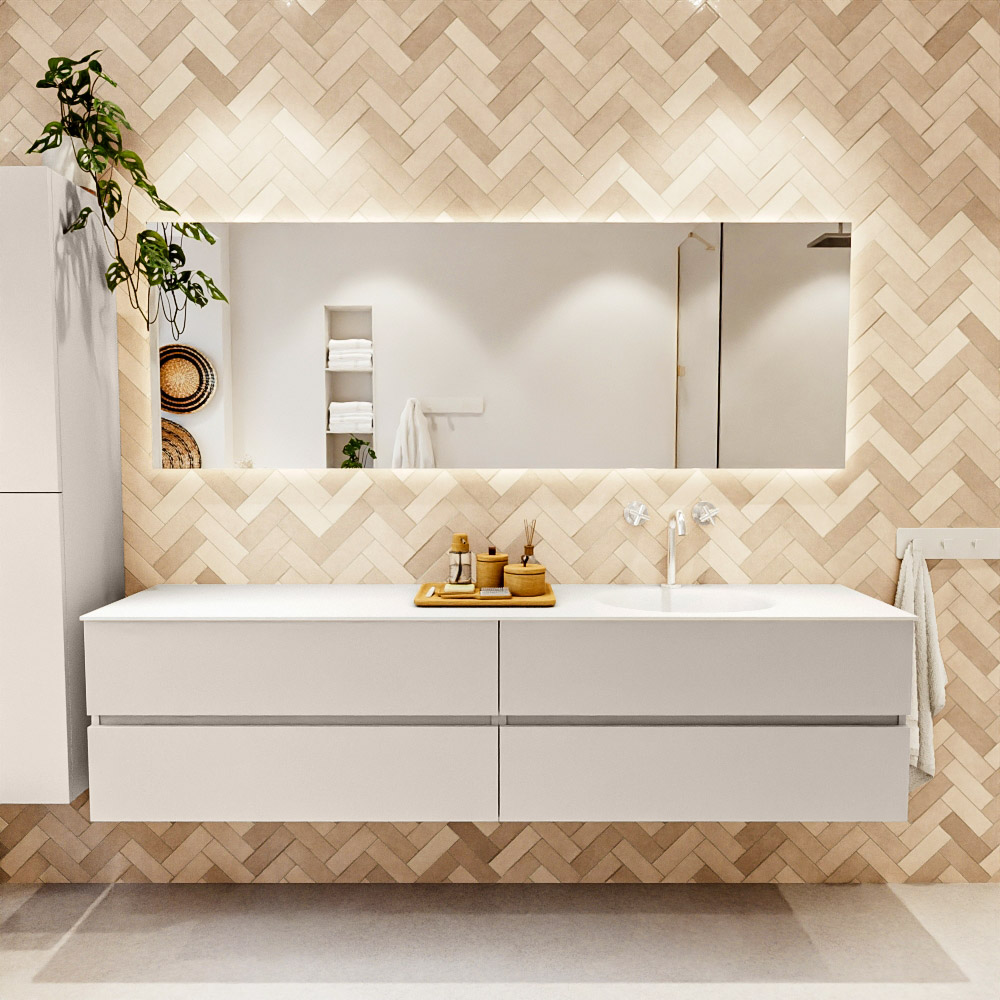 MONDIAZ VICA 200cm mueble de baño Linen 4 cajones. Lavabo MOON Derecho 1 orificio color Talc con espejo LED. 2 MONDIAZ VICA 200cm mueble de baño Linen 4 cajones. Lavabo MOON Derecho 1 orificio color Talc con espejo LED. - Imagen 2