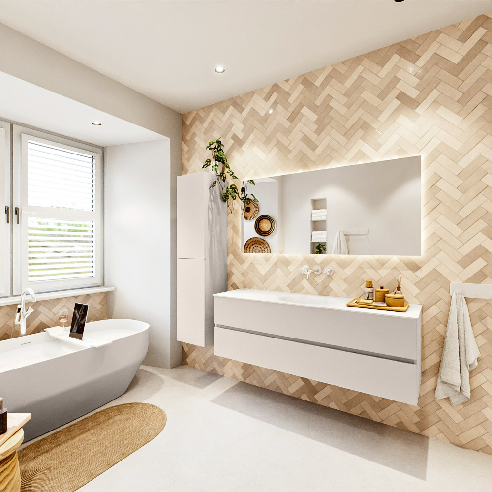 MONDIAZ VICA 150cm mueble de baño Linen 2 cajones. Lavabo MOON Centro sin orificio color Talc con espejo LED. 4 MONDIAZ VICA 150cm mueble de baño Linen 2 cajones. Lavabo MOON Centro sin orificio color Talc con espejo LED. - Imagen 4