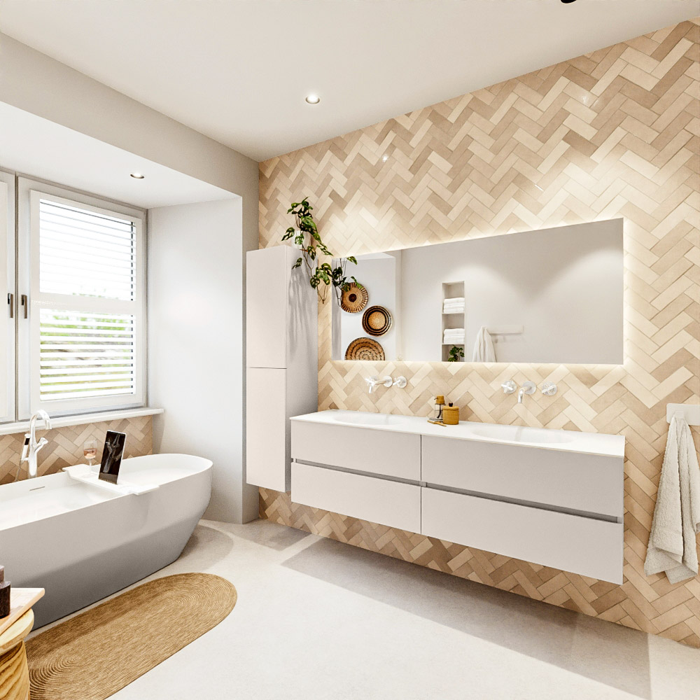 MONDIAZ VICA 170cm mueble de baño Linen 4 cajones. Lavabo MOON Doble sin orificio color Talc con espejo LED. 4 MONDIAZ VICA 170cm mueble de baño Linen 4 cajones. Lavabo MOON Doble sin orificio color Talc con espejo LED. - Imagen 4