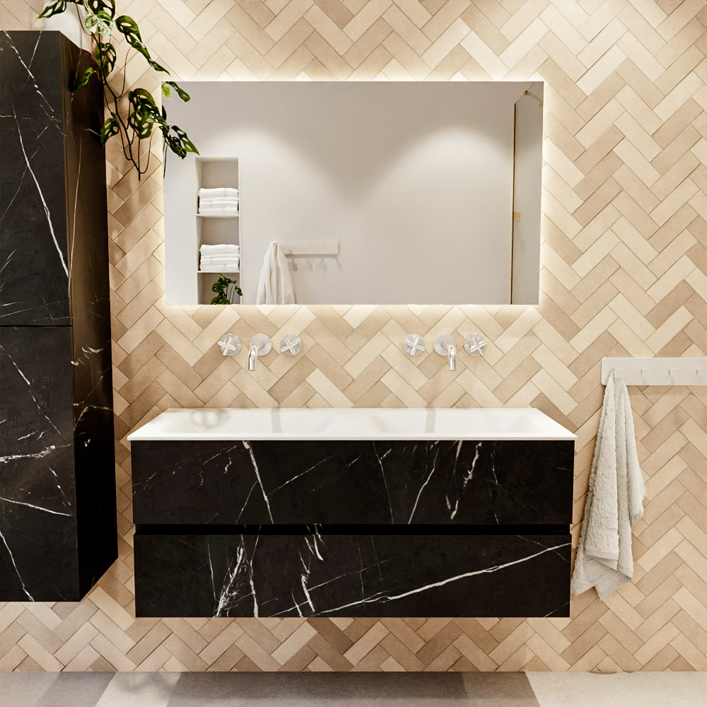 MONDIAZ VICA 120cm mueble de baño Marquina 2 cajones. Lavabo CLOUD Doble sin orificio color Talc con espejo LED. 2 MONDIAZ VICA 120cm mueble de baño Marquina 2 cajones. Lavabo CLOUD Doble sin orificio color Talc con espejo LED. - Imagen 2