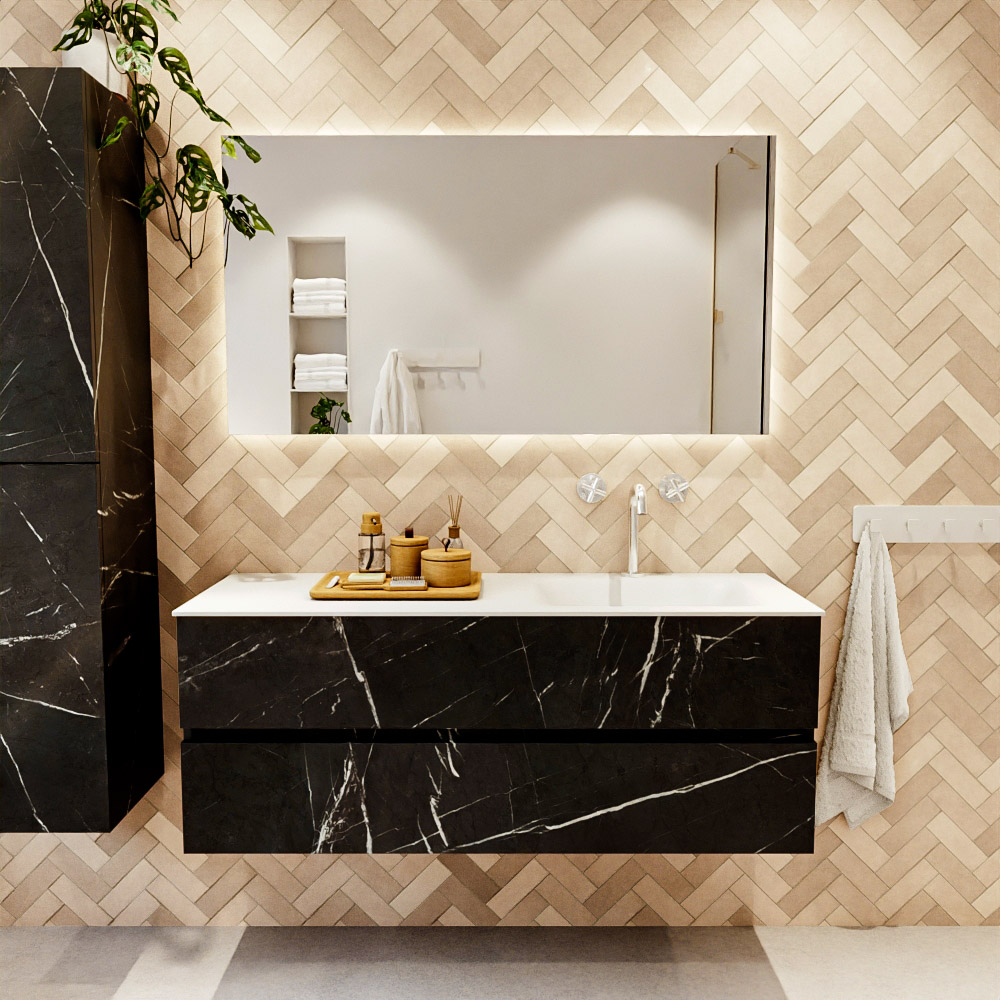 MONDIAZ VICA 130cm mueble de baño Marquina 2 cajones. Lavabo CLOUD Derecho 1 orificio color Talc con espejo LED. 2 MONDIAZ VICA 130cm mueble de baño Marquina 2 cajones. Lavabo CLOUD Derecho 1 orificio color Talc con espejo LED. - Imagen 2