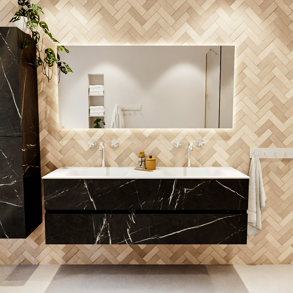 MONDIAZ VICA 150cm mueble de baño Marquina 2 cajones. Lavabo CLOUD Doble 2 orificios color Talc con espejo LED. 2 MONDIAZ VICA 150cm mueble de baño Marquina 2 cajones. Lavabo CLOUD Doble 2 orificios color Talc con espejo LED. - Imagen 2