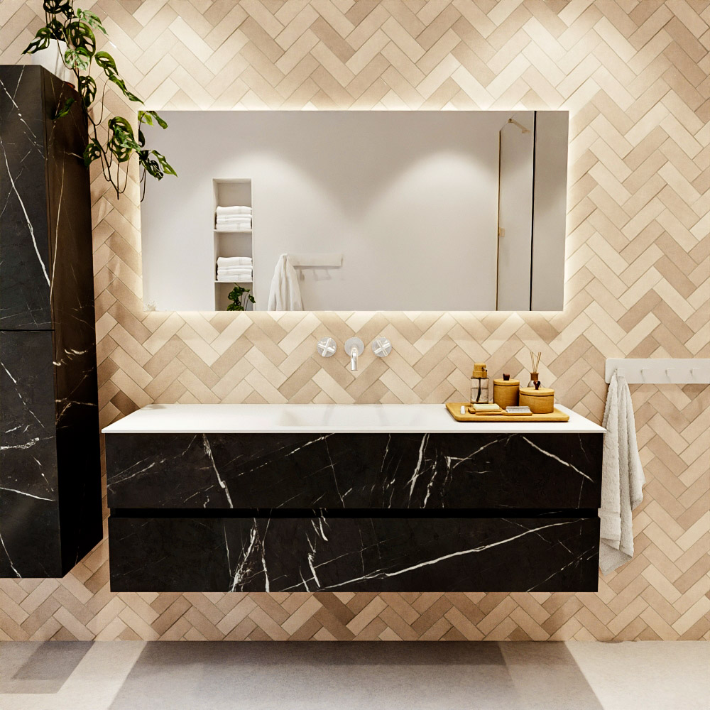 MONDIAZ VICA 150cm mueble de baño Marquina 2 cajones. Lavabo CLOUD Centro sin orificio color Talc con espejo LED. 2 MONDIAZ VICA 150cm mueble de baño Marquina 2 cajones. Lavabo CLOUD Centro sin orificio color Talc con espejo LED. - Imagen 2