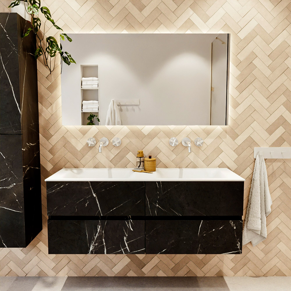 MONDIAZ VICA 130cm mueble de baño Marquina 4 cajones. Lavabo CLOUD Doble sin orificio color Talc con espejo LED. 2 MONDIAZ VICA 130cm mueble de baño Marquina 4 cajones. Lavabo CLOUD Doble sin orificio color Talc con espejo LED. - Imagen 2