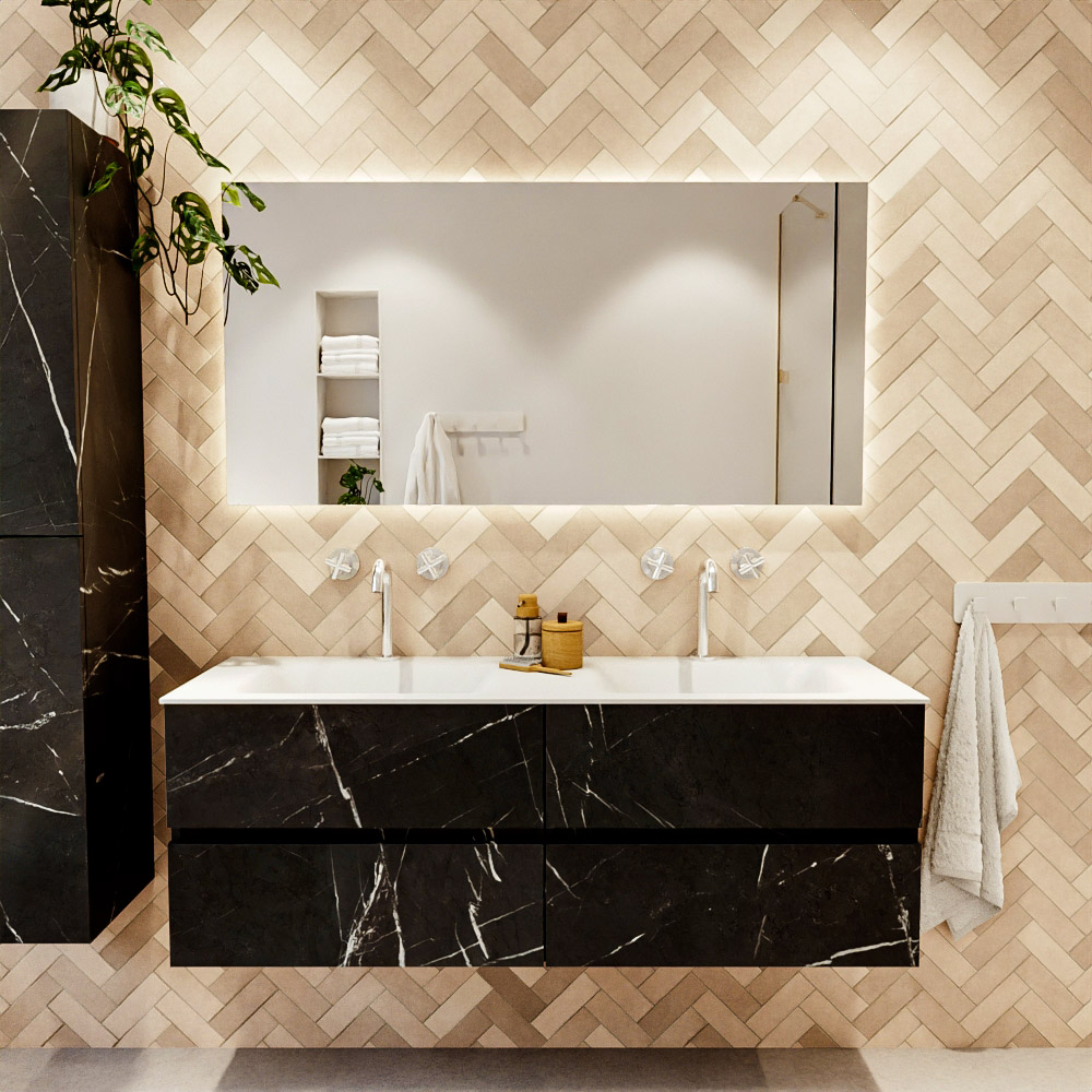 MONDIAZ VICA 140cm mueble de baño Marquina 4 cajones. Lavabo CLOUD Doble 2 orificios color Talc con espejo LED. 2 MONDIAZ VICA 140cm mueble de baño Marquina 4 cajones. Lavabo CLOUD Doble 2 orificios color Talc con espejo LED. - Imagen 2