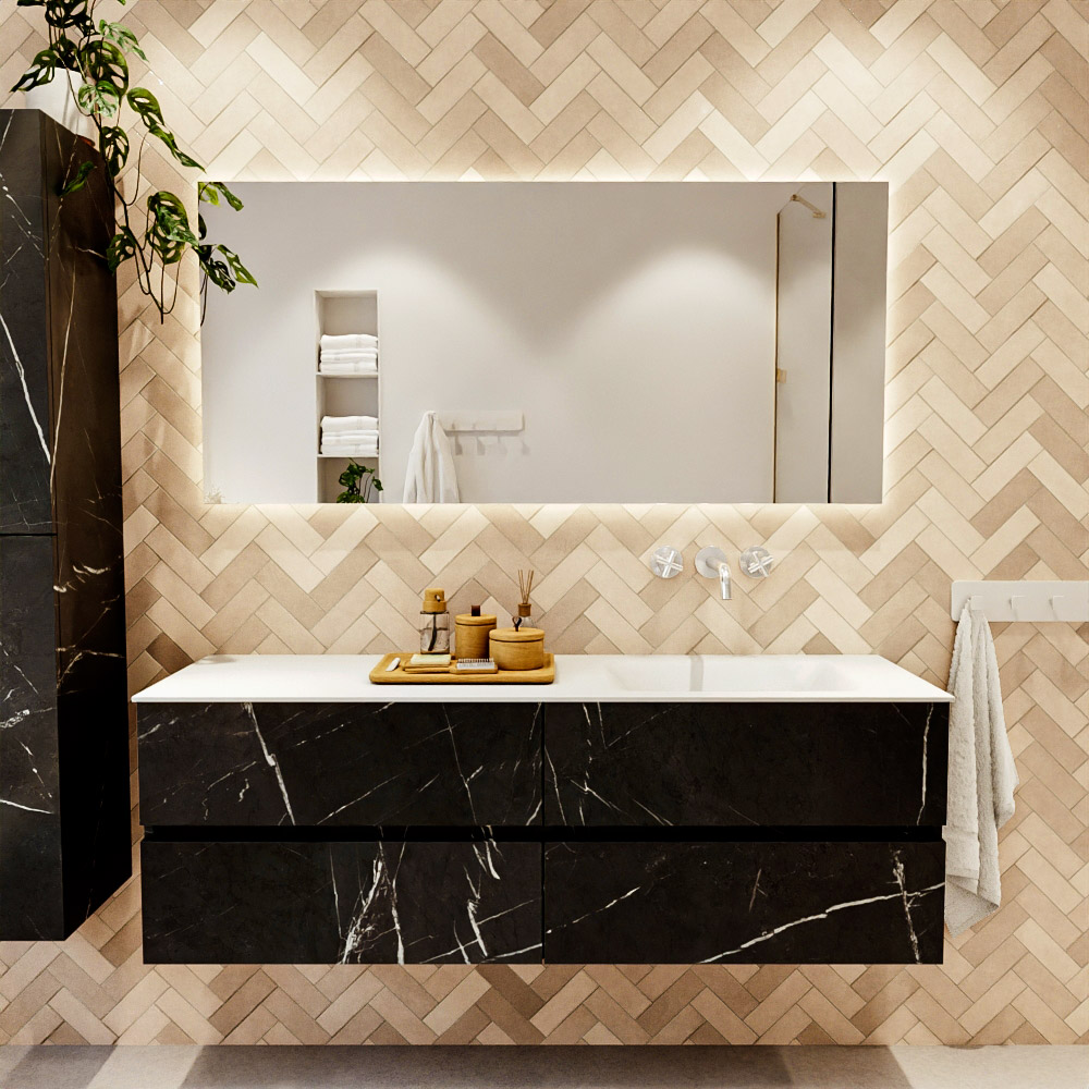 MONDIAZ VICA 150cm mueble de baño Marquina 4 cajones. Lavabo CLOUD Derecho sin orificio color Talc con espejo LED. 2 MONDIAZ VICA 150cm mueble de baño Marquina 4 cajones. Lavabo CLOUD Derecho sin orificio color Talc con espejo LED. - Imagen 2