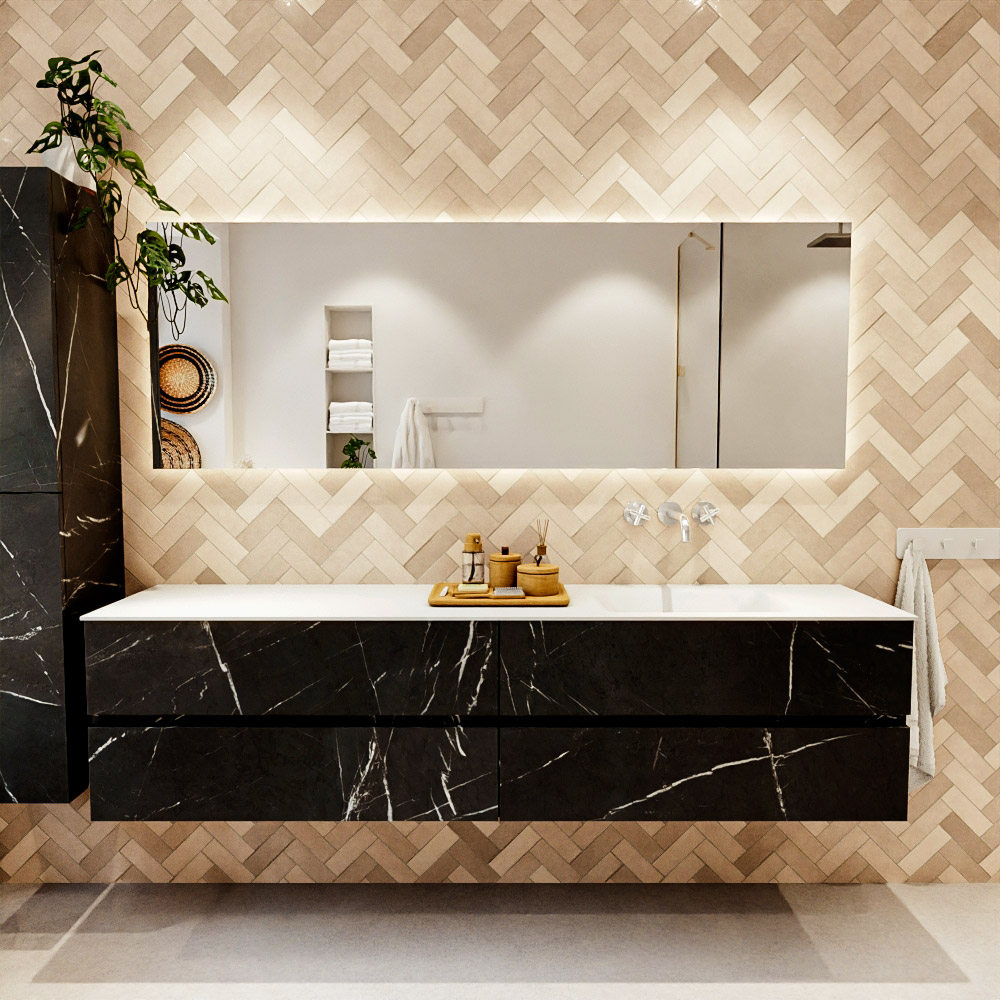 MONDIAZ VICA 200cm mueble de baño Marquina 4 cajones. Lavabo CLOUD Derecho sin orificio color Talc con espejo LED. 2 MONDIAZ VICA 200cm mueble de baño Marquina 4 cajones. Lavabo CLOUD Derecho sin orificio color Talc con espejo LED. - Imagen 2
