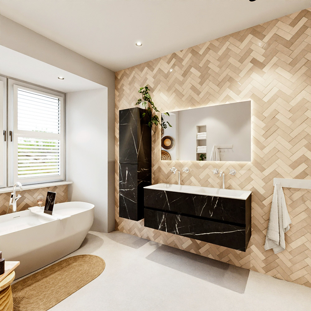 MONDIAZ VICA 120cm mueble de baño Marquina 2 cajones. Lavabo CLOUD Doble 2 orificios color Talc con espejo LED. 4 MONDIAZ VICA 120cm mueble de baño Marquina 2 cajones. Lavabo CLOUD Doble 2 orificios color Talc con espejo LED. - Imagen 4