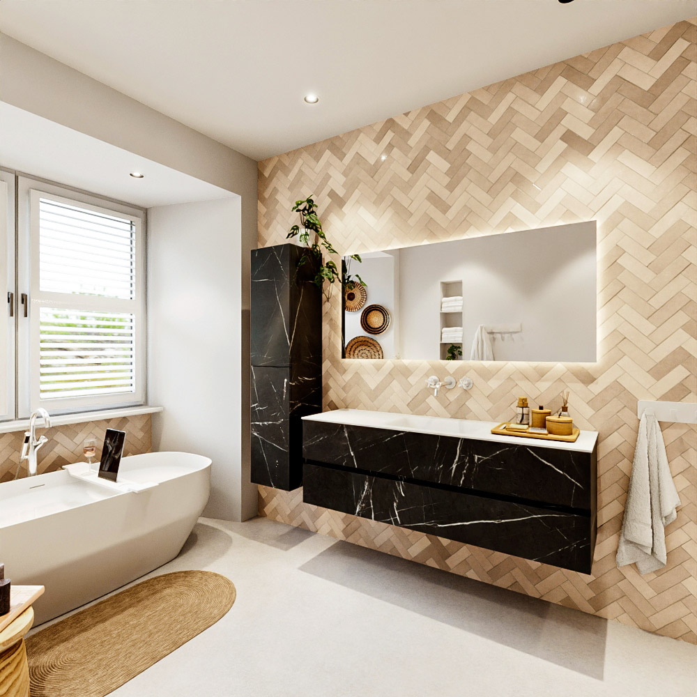 MONDIAZ VICA 150cm mueble de baño Marquina 2 cajones. Lavabo CLOUD Centro sin orificio color Talc con espejo LED. 4 MONDIAZ VICA 150cm mueble de baño Marquina 2 cajones. Lavabo CLOUD Centro sin orificio color Talc con espejo LED. - Imagen 4