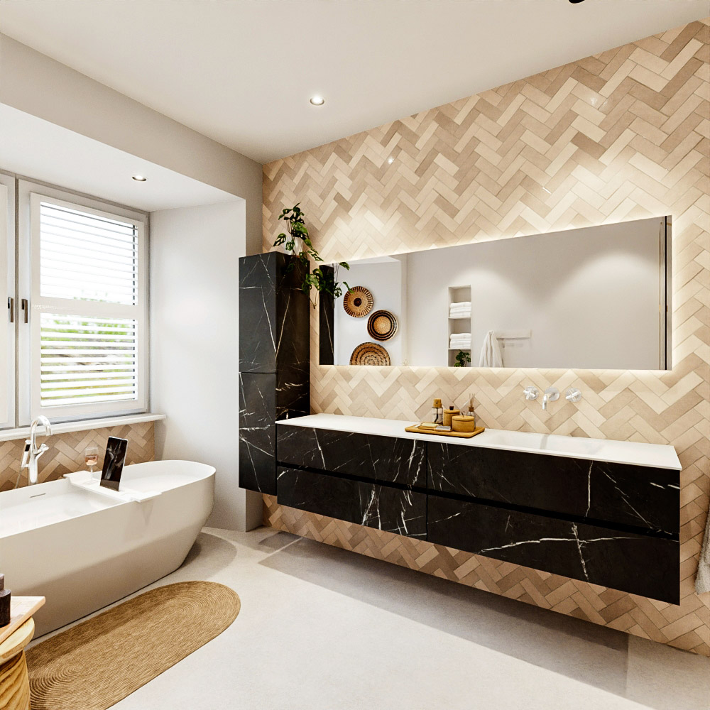 MONDIAZ VICA 200cm mueble de baño Marquina 4 cajones. Lavabo CLOUD Derecho sin orificio color Talc con espejo LED. 4 MONDIAZ VICA 200cm mueble de baño Marquina 4 cajones. Lavabo CLOUD Derecho sin orificio color Talc con espejo LED. - Imagen 4