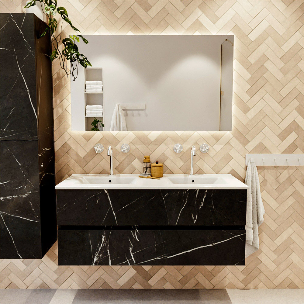MONDIAZ VICA 120cm mueble de baño Marquina 2 cajones. Lavabo DENIA Doble 2 orificios color Blanco brillo con espejo LED. 2 MONDIAZ VICA 120cm mueble de baño Marquina 2 cajones. Lavabo DENIA Doble 2 orificios color Blanco brillo con espejo LED. - Imagen 2