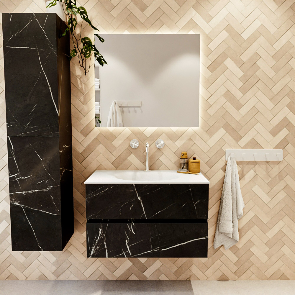 MONDIAZ VICA 80cm mueble de baño Marquina 2 cajones. Lavabo MOON Centro 1 orificio, color Talc. 2 color Talc.