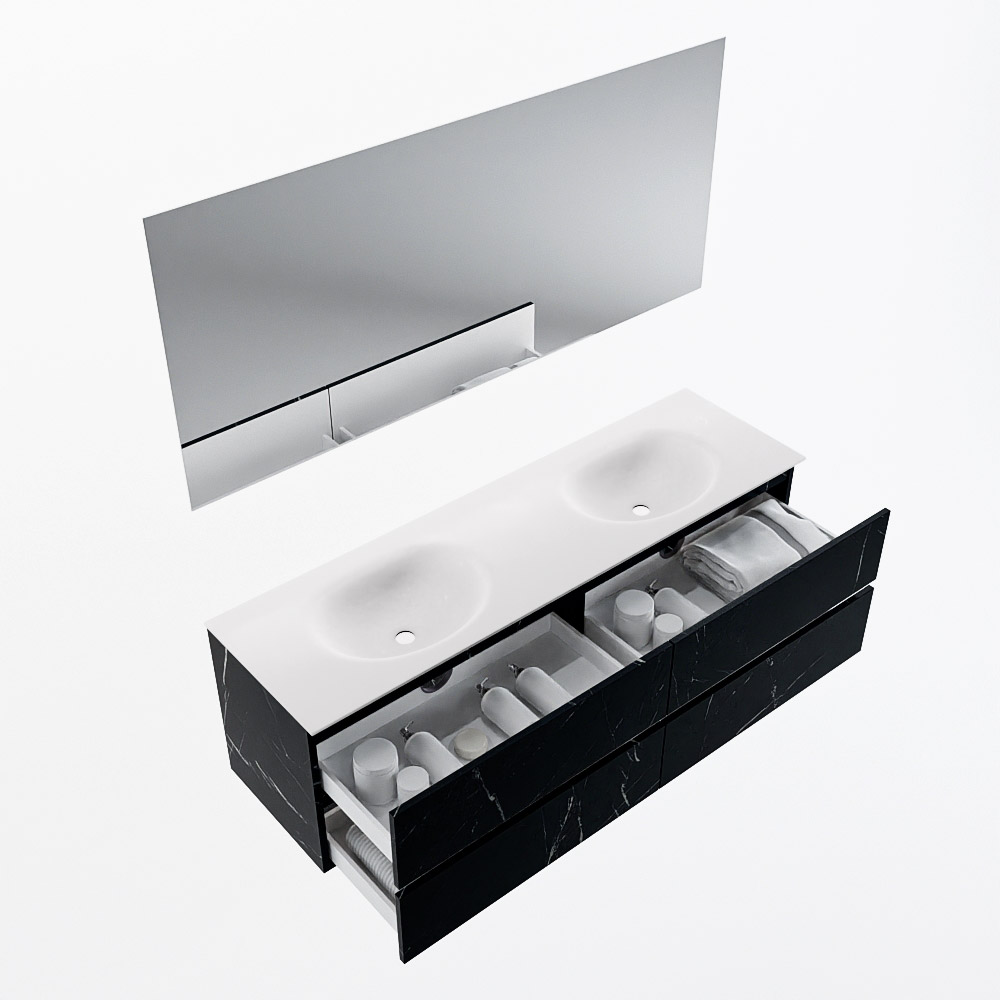 MONDIAZ VICA 160cm mueble de baño Marquina 4 cajones. Lavabo MOON Doble sin orificio color Talc con espejo LED. 7 MONDIAZ VICA 160cm mueble de baño Marquina 4 cajones. Lavabo MOON Doble sin orificio color Talc con espejo LED. - Imagen 7