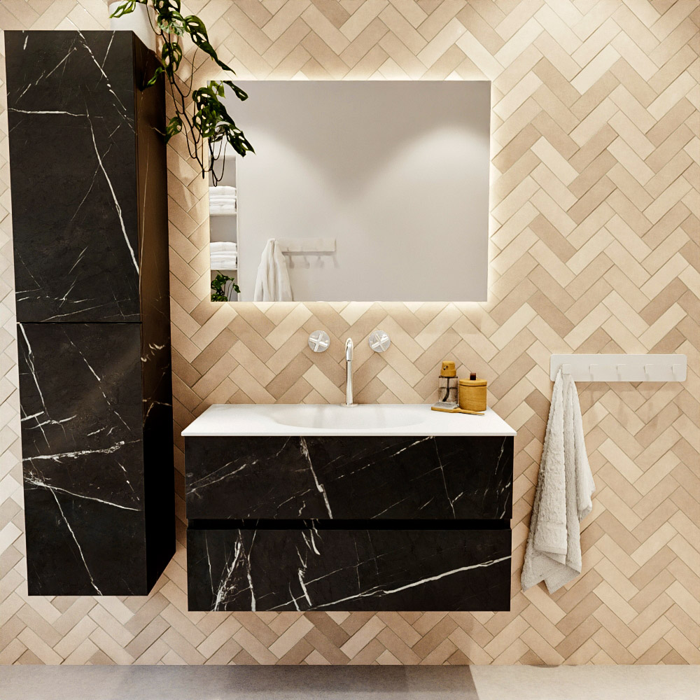 MONDIAZ VICA 90cm mueble de baño Marquina 2 cajones. Lavabo MOON Centro 1 orificio color Talc con espejo LED. 2 MONDIAZ VICA 90cm mueble de baño Marquina 2 cajones. Lavabo MOON Centro 1 orificio color Talc con espejo LED. - Imagen 2