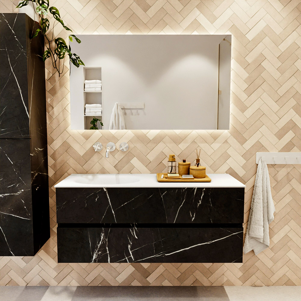 MONDIAZ VICA 120cm mueble de baño Marquina 2 cajones. Lavabo MOON Izquierda sin orificio color Talc con espejo LED. 2 MONDIAZ VICA 120cm mueble de baño Marquina 2 cajones. Lavabo MOON Izquierda sin orificio color Talc con espejo LED. - Imagen 2