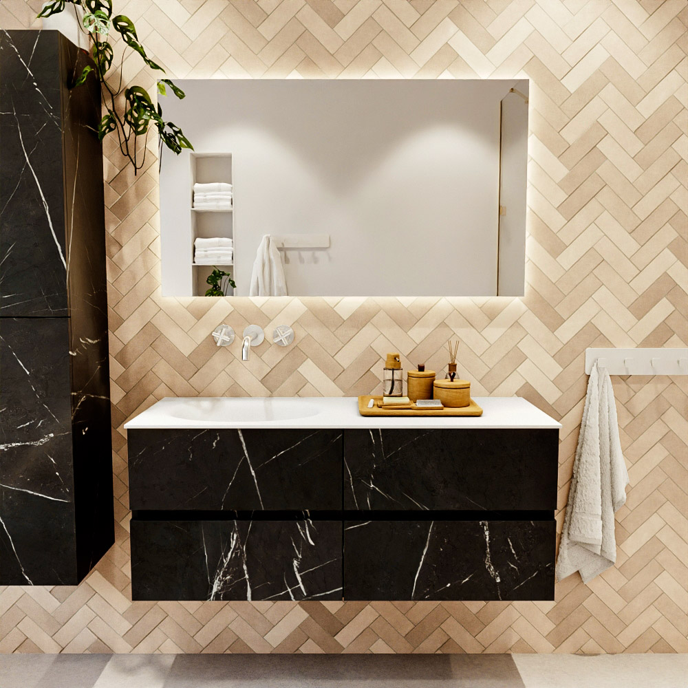 MONDIAZ VICA 120cm mueble de baño Marquina 4 cajones. Lavabo MOON Izquierda sin orificio color Talc con espejo LED. 2 MONDIAZ VICA 120cm mueble de baño Marquina 4 cajones. Lavabo MOON Izquierda sin orificio color Talc con espejo LED. - Imagen 2