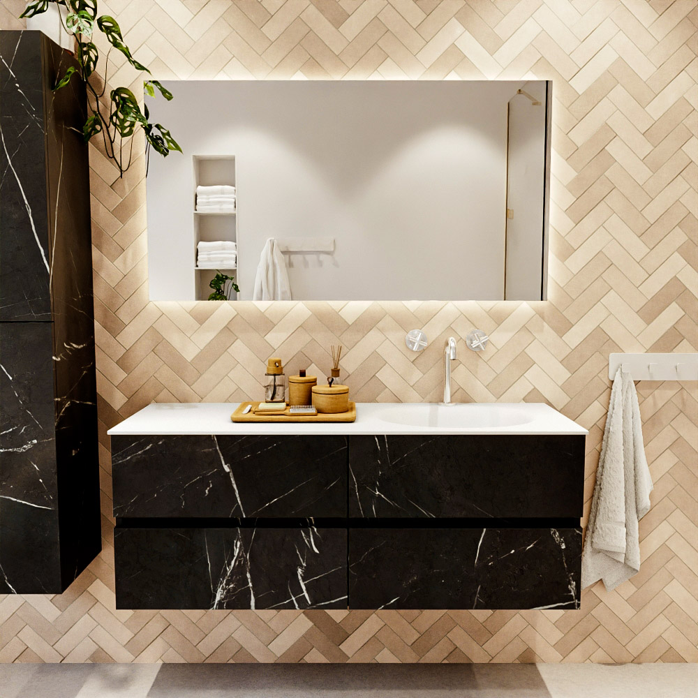 MONDIAZ VICA 130cm mueble de baño Marquina 4 cajones. Lavabo MOON Derecho 1 orificio color Talc con espejo LED. 2 MONDIAZ VICA 130cm mueble de baño Marquina 4 cajones. Lavabo MOON Derecho 1 orificio color Talc con espejo LED. - Imagen 2