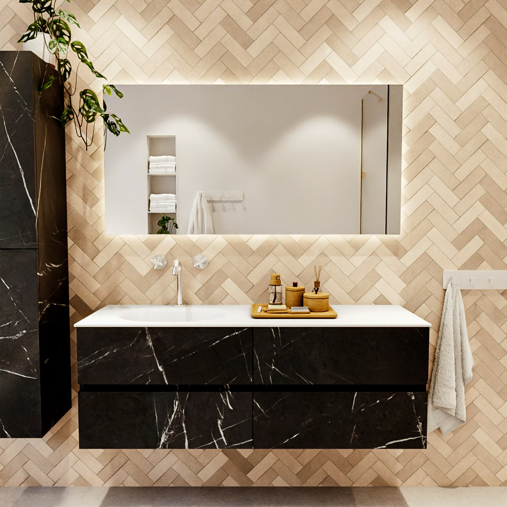 MONDIAZ VICA 140cm mueble de baño Marquina 4 cajones. Lavabo MOON Izquierda 1 orificio color Talc con espejo LED. 2 MONDIAZ VICA 140cm mueble de baño Marquina 4 cajones. Lavabo MOON Izquierda 1 orificio color Talc con espejo LED. - Imagen 2