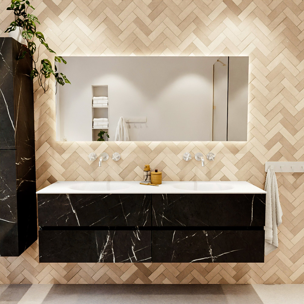 MONDIAZ VICA 160cm mueble de baño Marquina 4 cajones. Lavabo MOON Doble sin orificio color Talc con espejo LED. 2 MONDIAZ VICA 160cm mueble de baño Marquina 4 cajones. Lavabo MOON Doble sin orificio color Talc con espejo LED. - Imagen 2