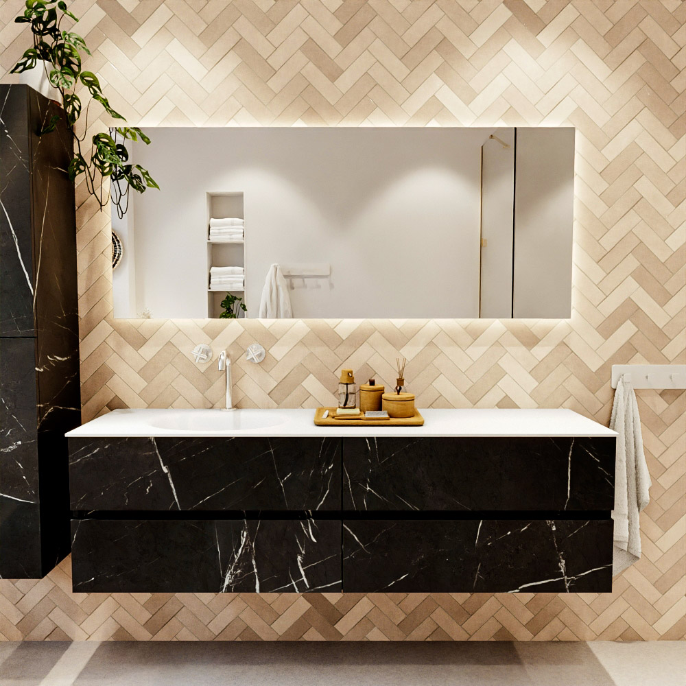 MONDIAZ VICA 170cm mueble de baño Marquina 4 cajones. Lavabo MOON Izquierda 1 orificio color Talc con espejo LED. 2 MONDIAZ VICA 170cm mueble de baño Marquina 4 cajones. Lavabo MOON Izquierda 1 orificio color Talc con espejo LED. - Imagen 2