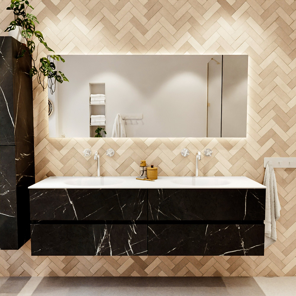 MONDIAZ VICA 170cm mueble de baño Marquina 4 cajones. Lavabo MOON Doble 2 orificios color Talc con espejo LED. 2 MONDIAZ VICA 170cm mueble de baño Marquina 4 cajones. Lavabo MOON Doble 2 orificios color Talc con espejo LED. - Imagen 2