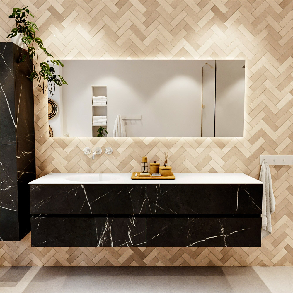 MONDIAZ VICA 180cm mueble de baño Marquina 4 cajones. Lavabo MOON Izquierda sin orificio color Talc con espejo LED. 2 MONDIAZ VICA 180cm mueble de baño Marquina 4 cajones. Lavabo MOON Izquierda sin orificio color Talc con espejo LED. - Imagen 2