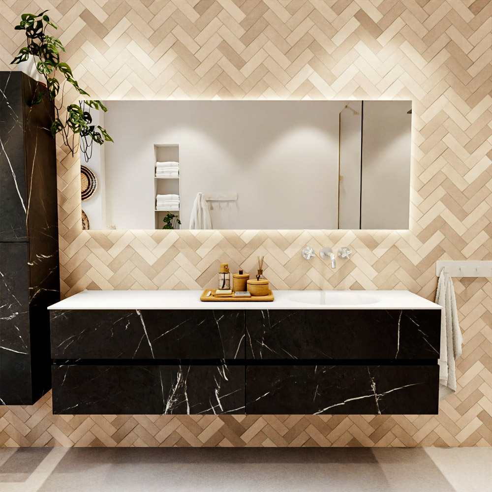 MONDIAZ VICA 180cm mueble de baño Marquina 4 cajones. Lavabo MOON Derecho sin orificio color Talc con espejo LED. 2 MONDIAZ VICA 180cm mueble de baño Marquina 4 cajones. Lavabo MOON Derecho sin orificio color Talc con espejo LED. - Imagen 2