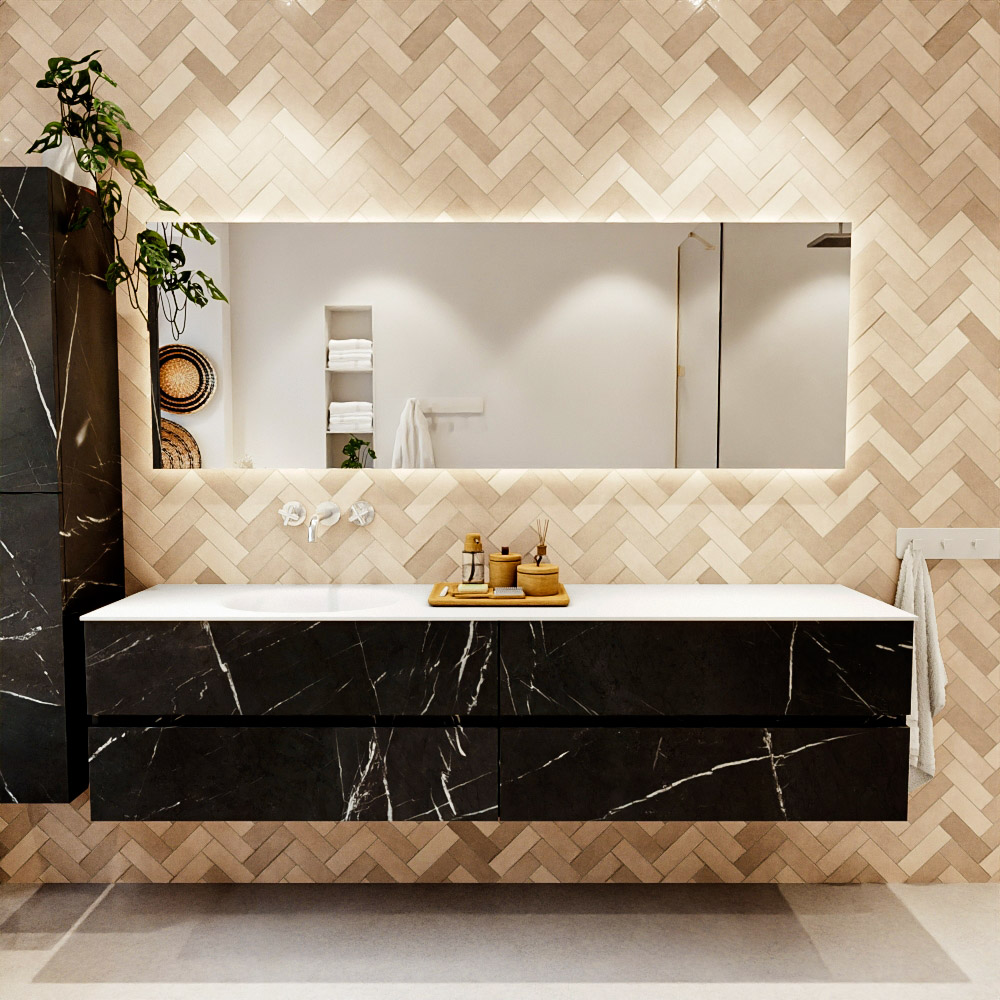 MONDIAZ VICA 200cm mueble de baño Marquina 4 cajones. Lavabo MOON Izquierda sin orificio color Talc con espejo LED. 2 MONDIAZ VICA 200cm mueble de baño Marquina 4 cajones. Lavabo MOON Izquierda sin orificio color Talc con espejo LED. - Imagen 2