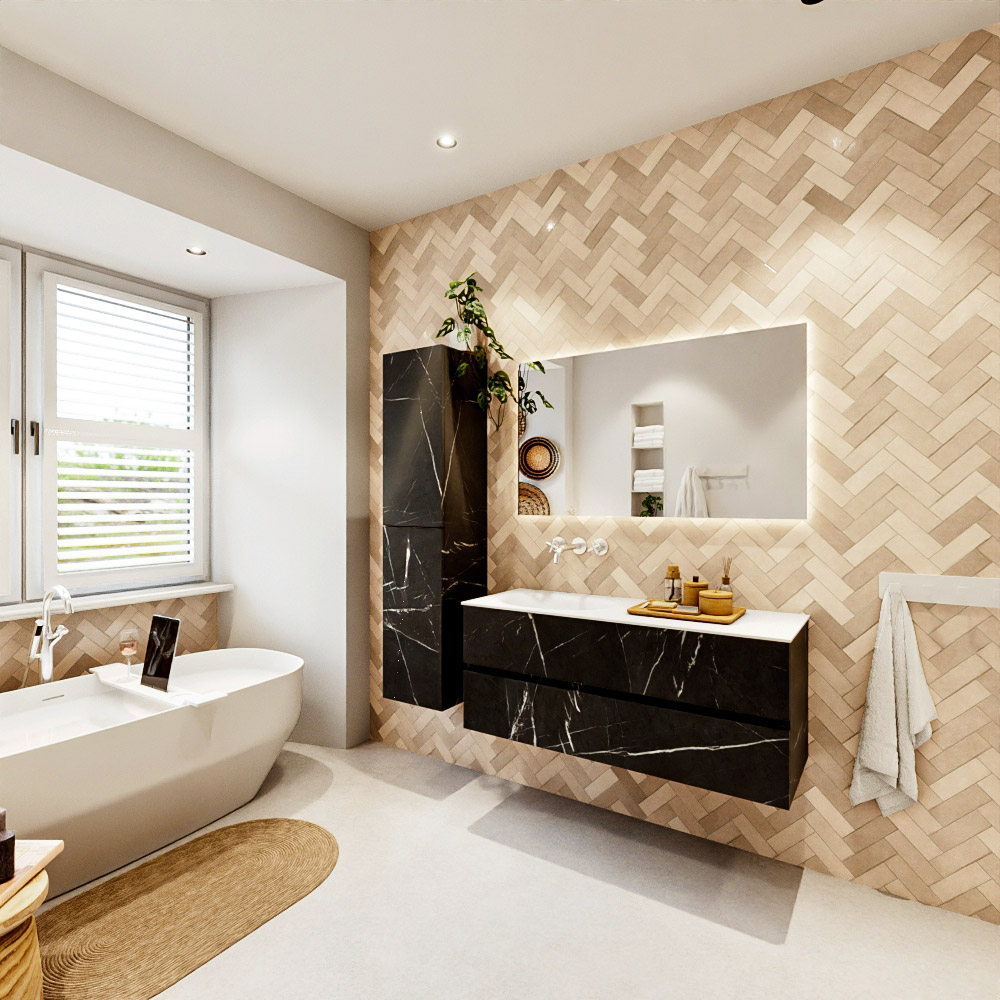 MONDIAZ VICA 120cm mueble de baño Marquina 2 cajones. Lavabo MOON Izquierda sin orificio color Talc con espejo LED. 4 MONDIAZ VICA 120cm mueble de baño Marquina 2 cajones. Lavabo MOON Izquierda sin orificio color Talc con espejo LED. - Imagen 4
