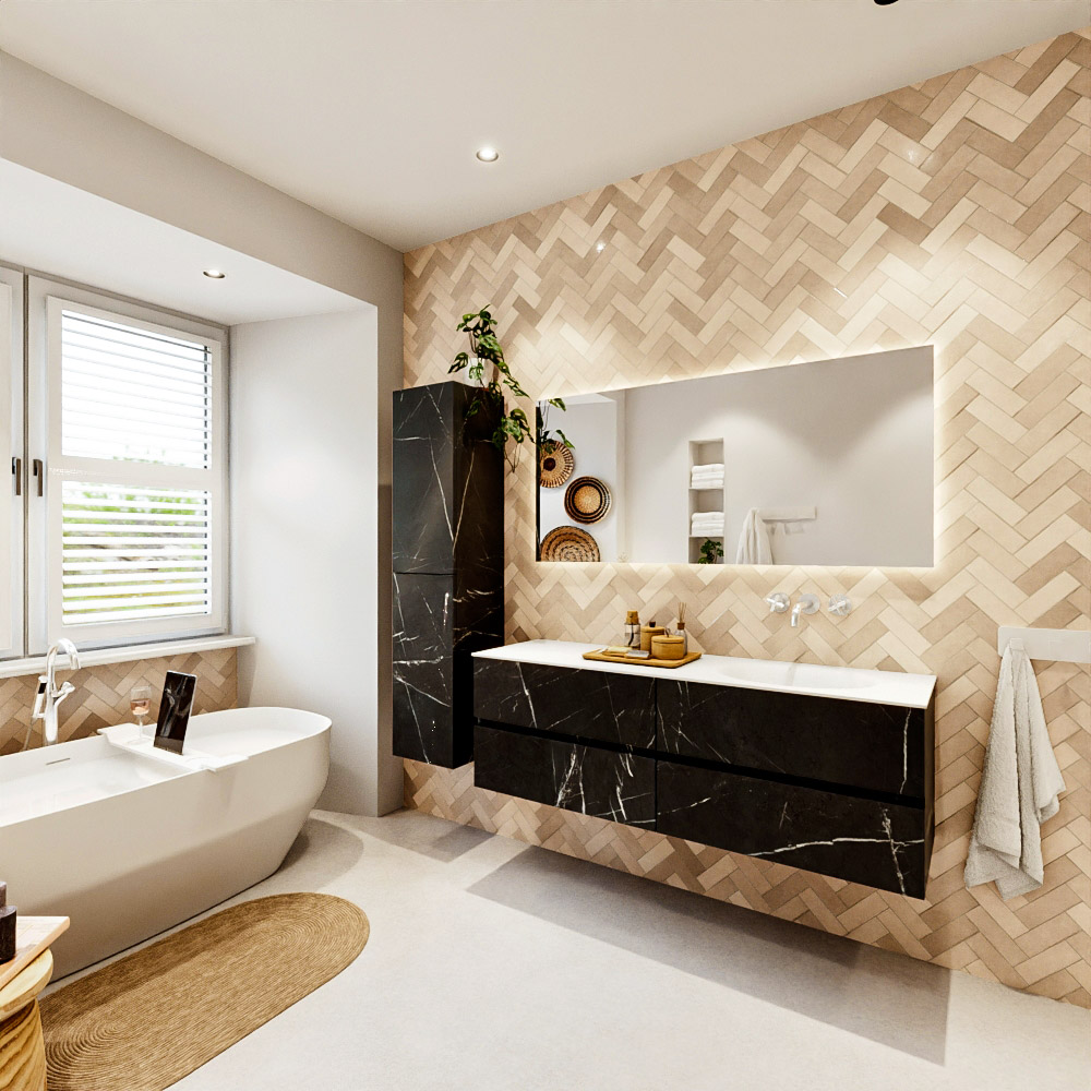 MONDIAZ VICA 150cm mueble de baño Marquina 4 cajones. Lavabo MOON Derecho sin orificio color Talc con espejo LED. 4 MONDIAZ VICA 150cm mueble de baño Marquina 4 cajones. Lavabo MOON Derecho sin orificio color Talc con espejo LED. - Imagen 4