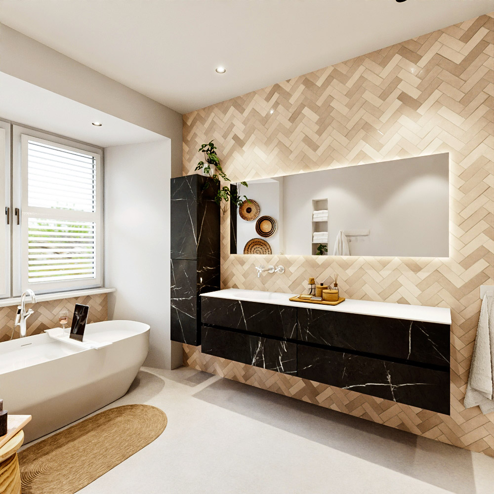MONDIAZ VICA 180cm mueble de baño Marquina 4 cajones. Lavabo MOON Izquierda sin orificio color Talc con espejo LED. 4 MONDIAZ VICA 180cm mueble de baño Marquina 4 cajones. Lavabo MOON Izquierda sin orificio color Talc con espejo LED. - Imagen 4