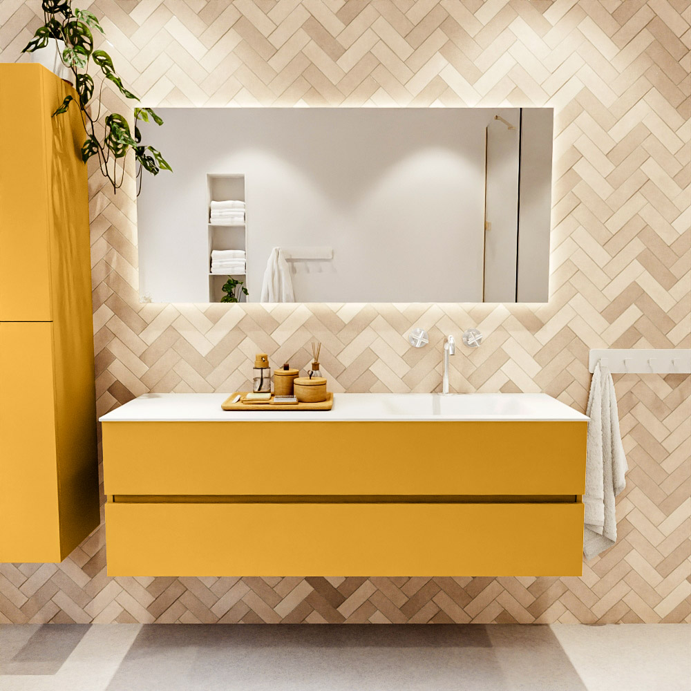 MONDIAZ VICA 150cm mueble de baño Ocher 2 cajones. Lavabo CLOUD Derecho 1 orificio color Talc con espejo LED. 2 MONDIAZ VICA 150cm mueble de baño Ocher 2 cajones. Lavabo CLOUD Derecho 1 orificio color Talc con espejo LED. - Imagen 2