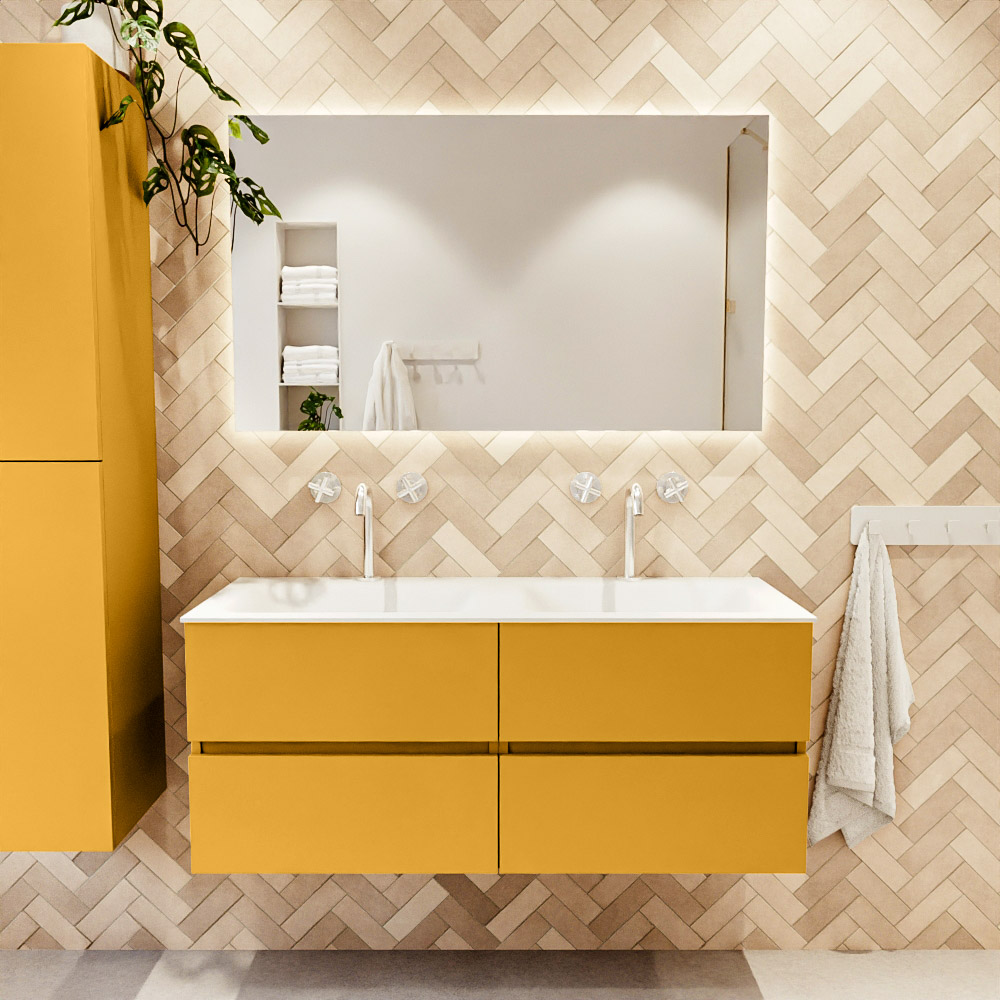 MONDIAZ VICA 120cm mueble de baño Ocher 4 cajones. Lavabo CLOUD Doble 2 orificios color Talc con espejo LED. 2 MONDIAZ VICA 120cm mueble de baño Ocher 4 cajones. Lavabo CLOUD Doble 2 orificios color Talc con espejo LED. - Imagen 2