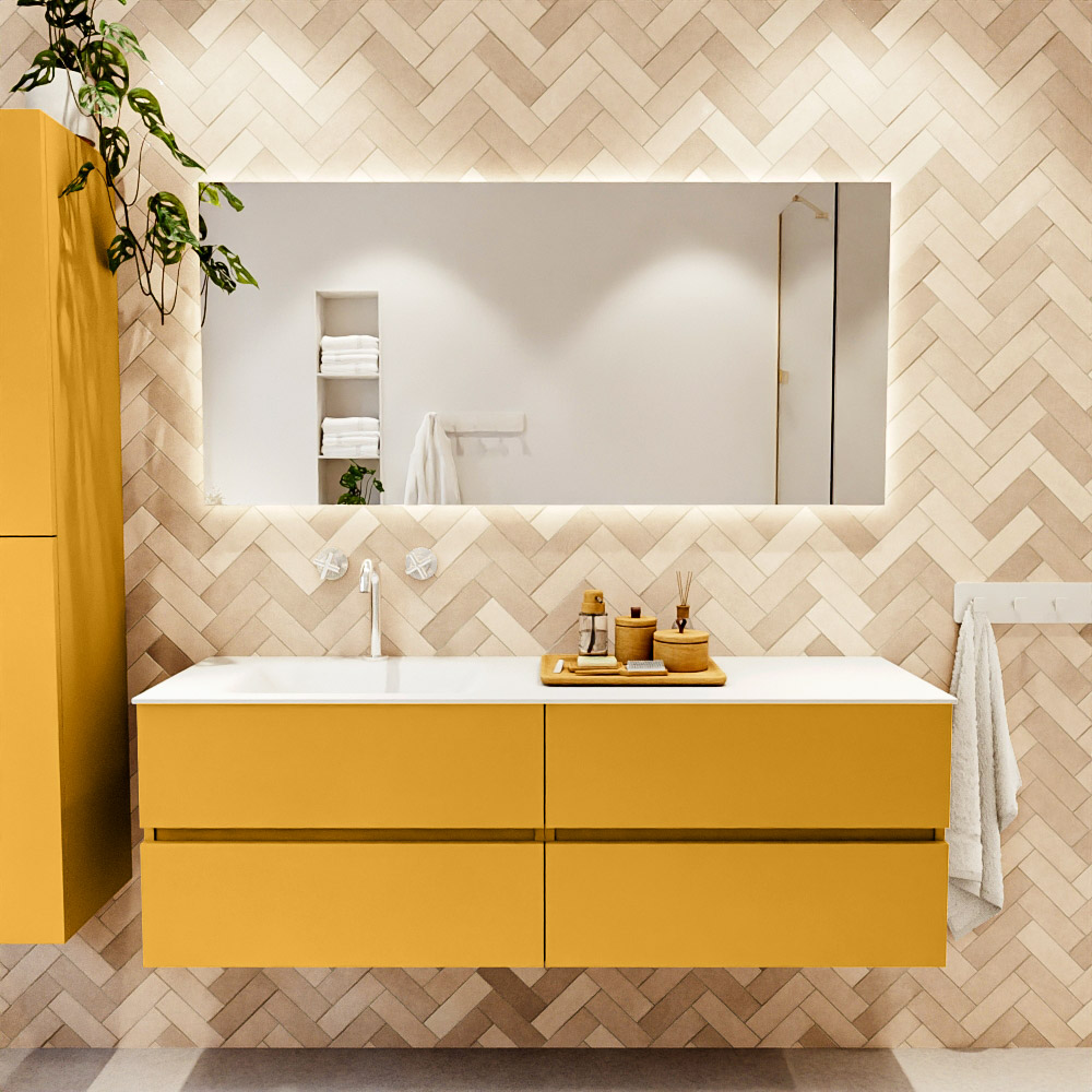 MONDIAZ VICA 150cm mueble de baño Ocher 4 cajones. Lavabo CLOUD Izquierda 1 orificio color Talc con espejo LED. 2 MONDIAZ VICA 150cm mueble de baño Ocher 4 cajones. Lavabo CLOUD Izquierda 1 orificio color Talc con espejo LED. - Imagen 2