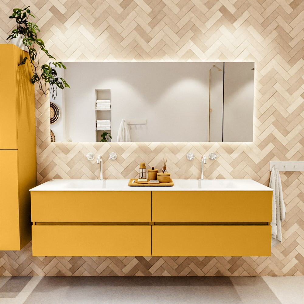 MONDIAZ VICA 180cm mueble de baño Ocher 4 cajones. Lavabo CLOUD Doble 2 orificios color Talc con espejo LED. 2 MONDIAZ VICA 180cm mueble de baño Ocher 4 cajones. Lavabo CLOUD Doble 2 orificios color Talc con espejo LED. - Imagen 2