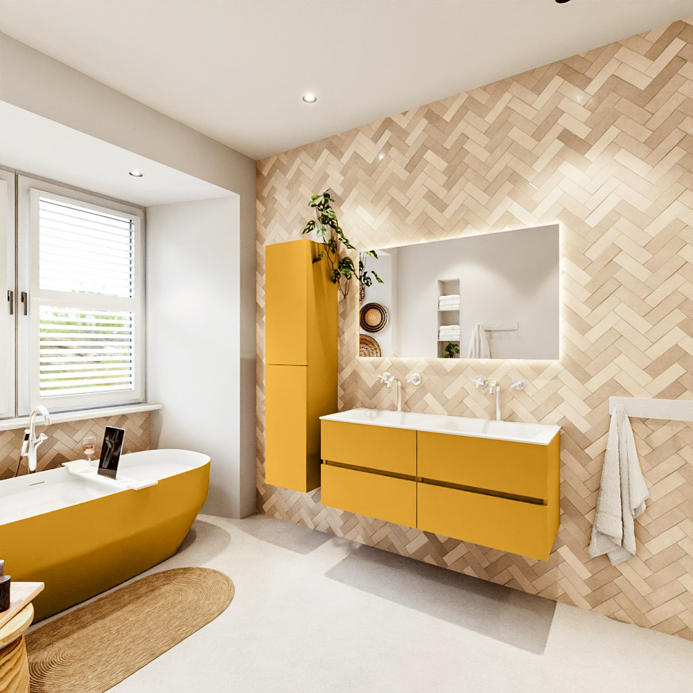 MONDIAZ VICA 120cm mueble de baño Ocher 4 cajones. Lavabo CLOUD Doble 2 orificios color Talc con espejo LED. 4 MONDIAZ VICA 120cm mueble de baño Ocher 4 cajones. Lavabo CLOUD Doble 2 orificios color Talc con espejo LED. - Imagen 4