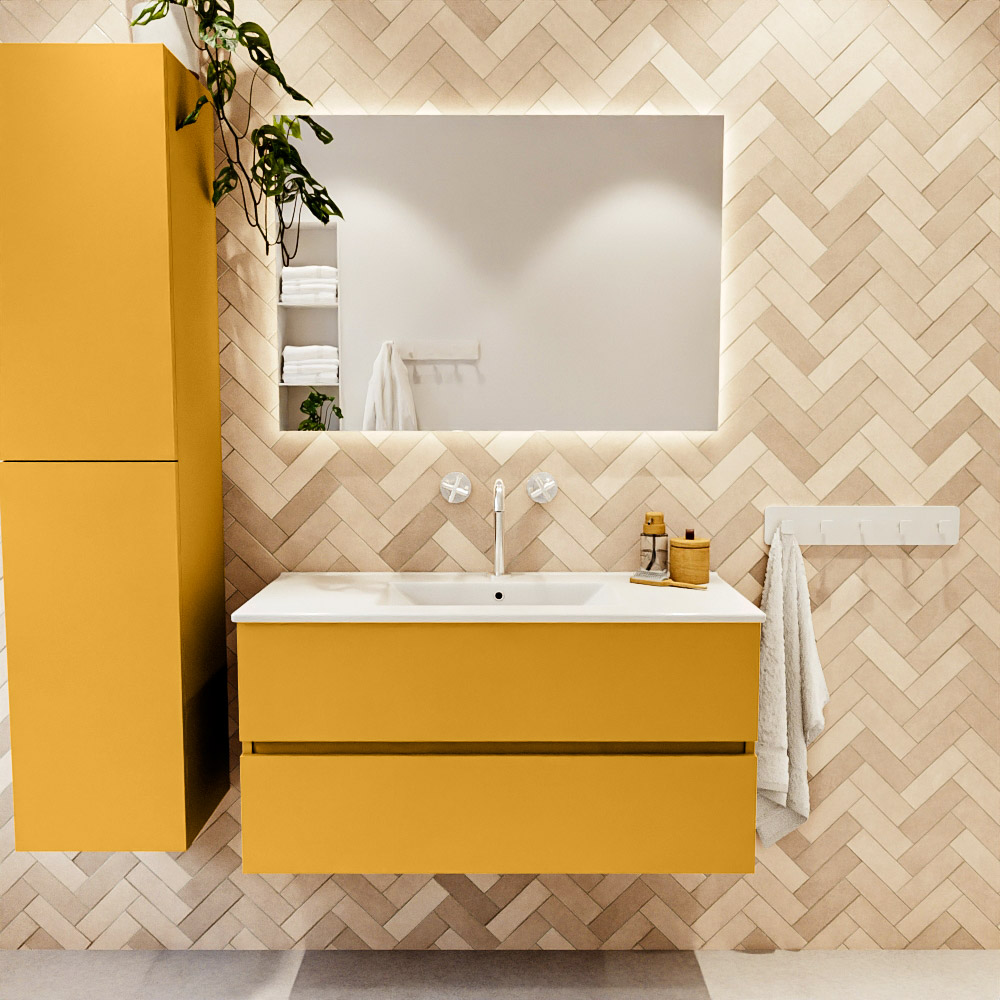 MONDIAZ VICA 100cm mueble de baño Ocher 2 cajones. Lavabo DENIA Centro 1 orificio color Blanco brillo con espejo LED. 2 MONDIAZ VICA 100cm mueble de baño Ocher 2 cajones. Lavabo DENIA Centro 1 orificio color Blanco brillo con espejo LED. - Imagen 2