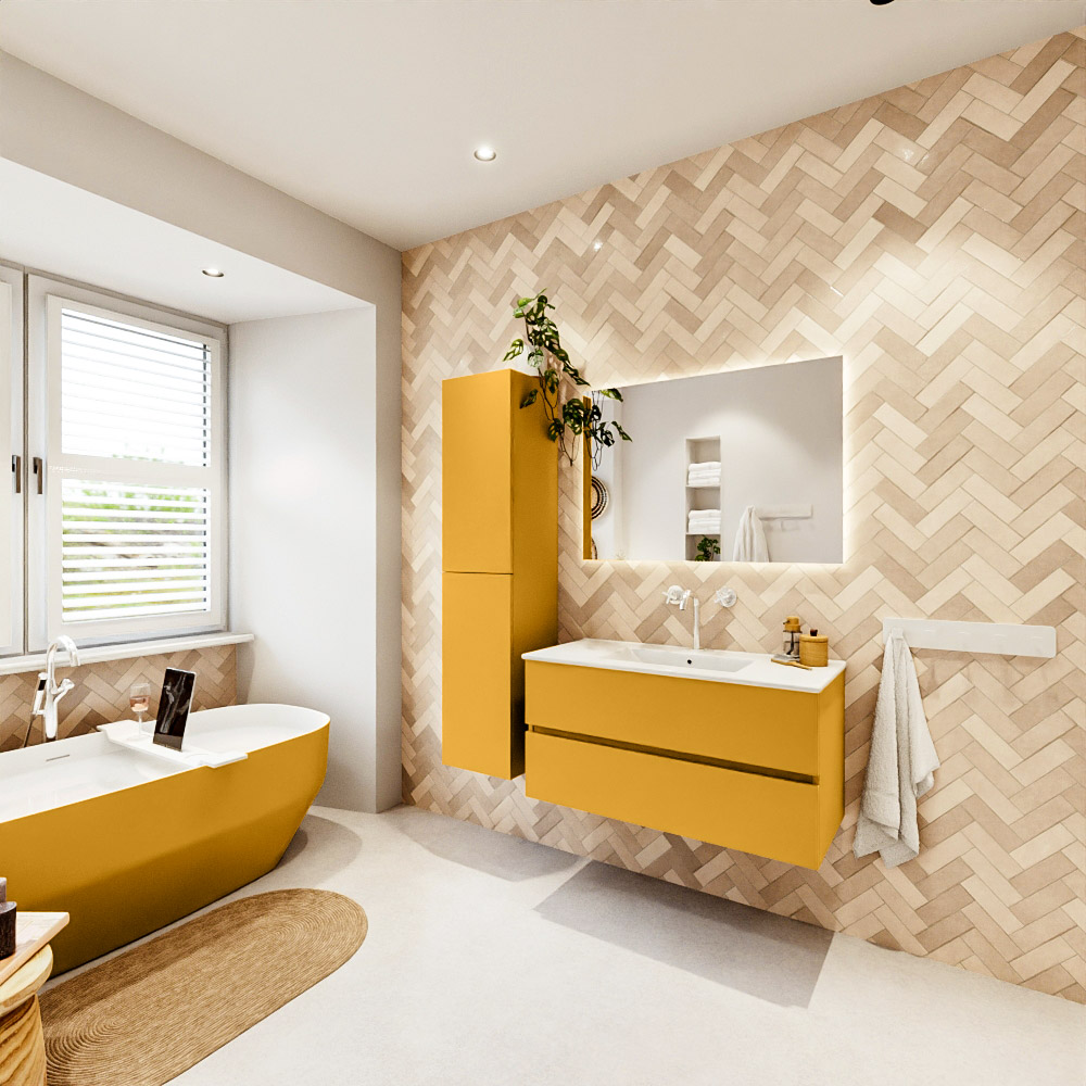 MONDIAZ VICA 100cm mueble de baño Ocher 2 cajones. Lavabo DENIA Centro 1 orificio color Blanco brillo con espejo LED. 4 MONDIAZ VICA 100cm mueble de baño Ocher 2 cajones. Lavabo DENIA Centro 1 orificio color Blanco brillo con espejo LED. - Imagen 4